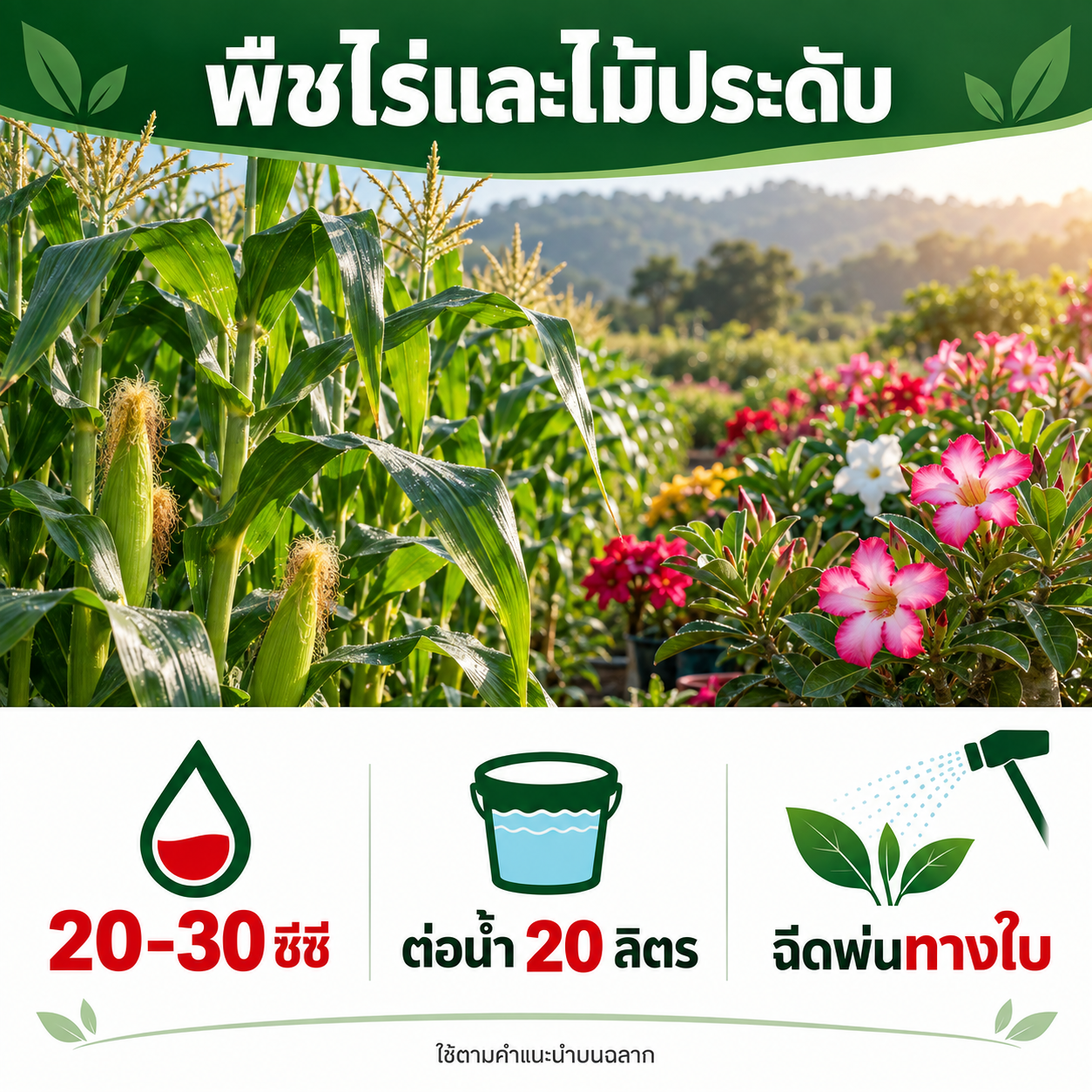 พืชไร่และไม้ประดับ 20–30 ซีซี ต่อน้ำ 20 ลิตร ฉีดพ่นทางใบ