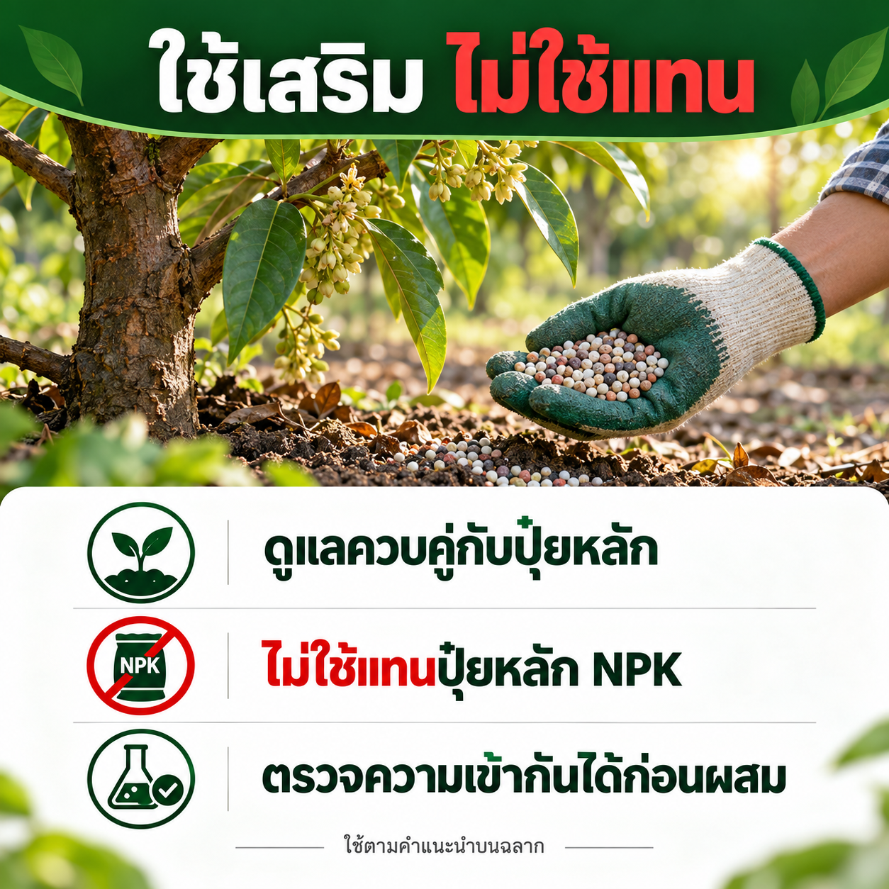 ใช้เสริม ไม่ใช้แทนปุ๋ยหลัก NPK ตรวจความเข้ากันได้ก่อนผสม